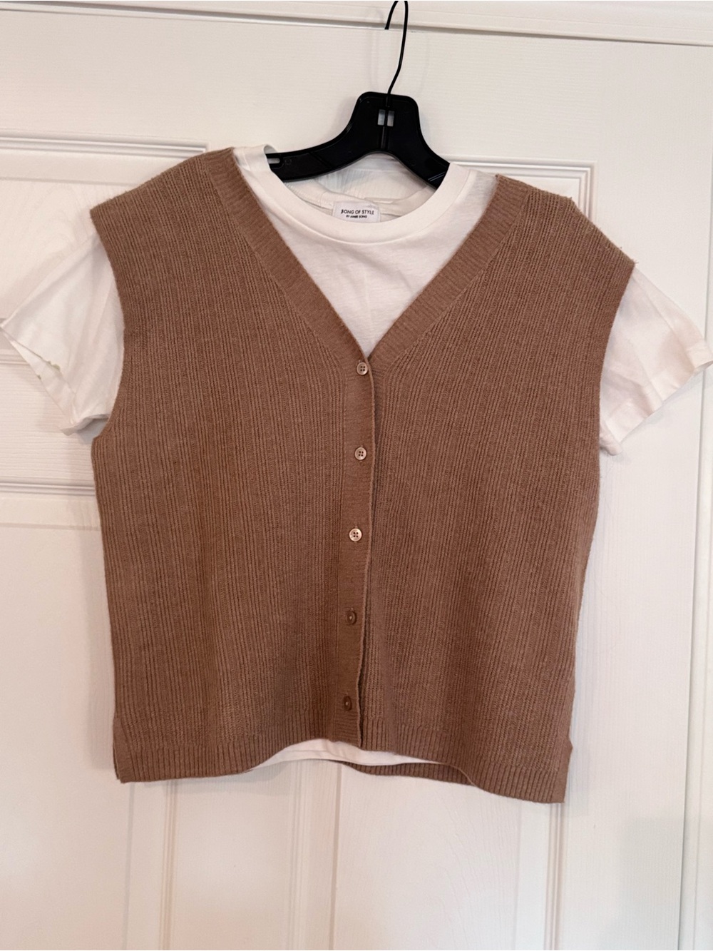 Song of Style Ribbed V-Neck Button-Front Vest - Taupe and a white T-shirt